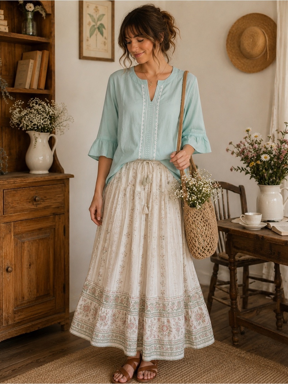 ANN TAYLOR | Light Green Cotton Embroidered V-Neck Women's Top